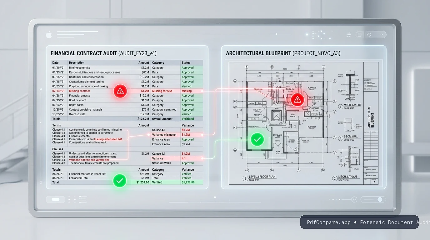 Critical PDF comparison edge cases: Financial contract audit tables showing numerical variances and architectural CAD blueprint coordinate shifts